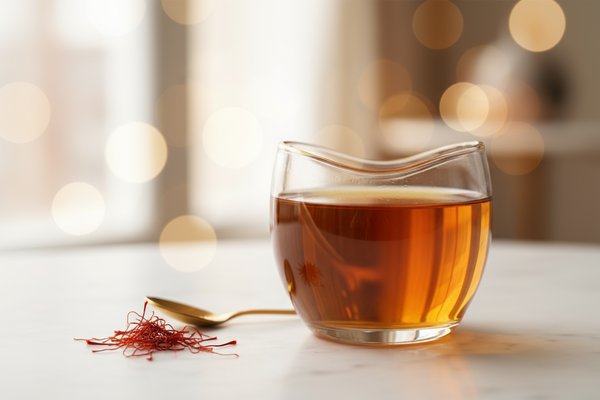 ein Bild von einem Safran Tee mit schönem Hintergrund und ein paar safranfäden daneben. luxeriöser style