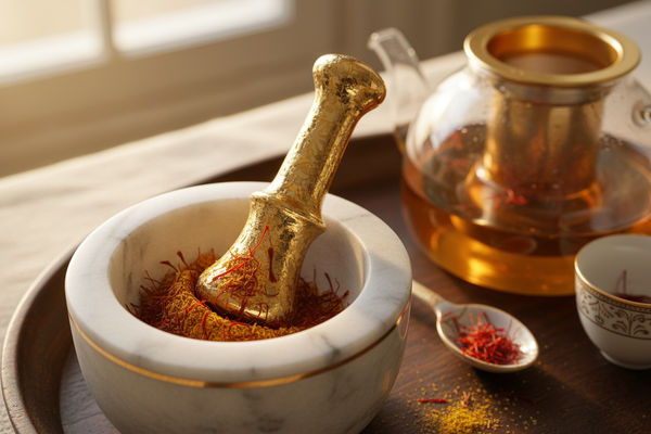 Zerquetschter safran in einem edlen stampfer für einen tee